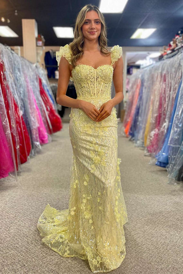 Luolandi Yellow Ruffle Straps 3D Flower Mermaid Long Prom Dress Sparkly Evening Dress